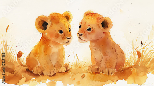 Watercolor illustration of two little lions on the grass 