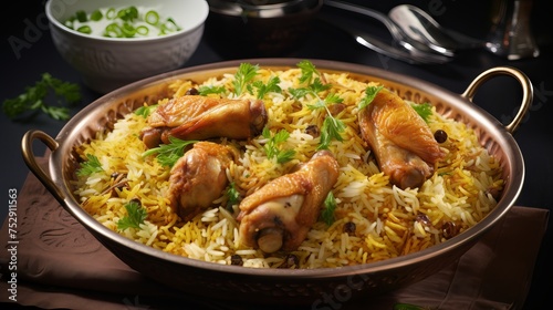 Delicious spicy chicken biryani in white bowl - authentic indian/pakistani ramadan cuisine for iftar dinner or fasting feast