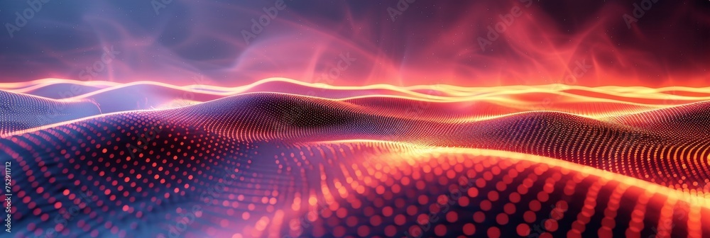 Obraz premium Vibrant digital wave landscape with particles. A high-quality 3D render of a dynamic digital wave landscape with illuminated particle dots creating a cosmic atmosphere.