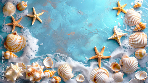 Seashells and starfish on a blue background. Summer sea background, greeting card. Copy space. © Katerina Bond
