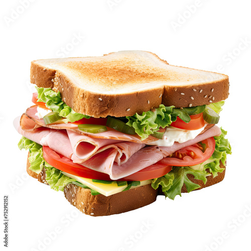 Sandwich with ham, cheese and vegetables isolated on a white background, PNG, cutout, or clipping path.	