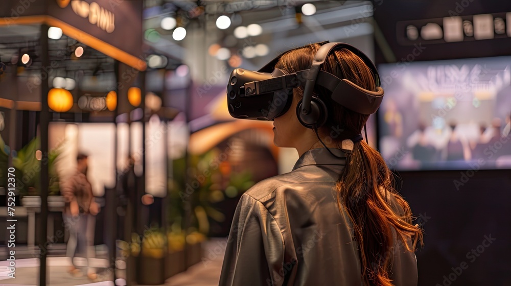 the virtual reality trade show journey of an entrepreneur, as they interact with digital booths and connect with industry leaders on a realistic online platform.