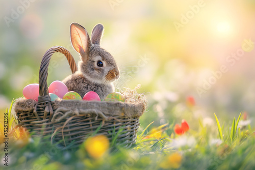 little bunny in a basket with colorful eggs for easter on a green meadow on background, easter card, generative AI photo