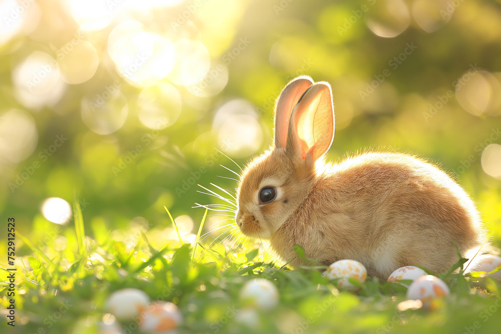 little white bunny in a basket with colorful eggs for easter on a green meadow on background, easter card, generative AI