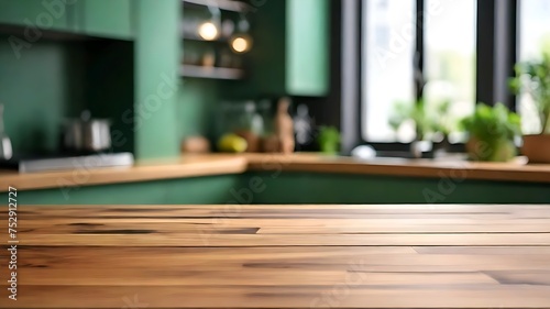 Wooden table top on blur kitchen room background illustration.
