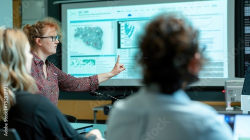 scientist discussing their latest research results during a webinar, with a detailed PowerPoint presentation on screen --
