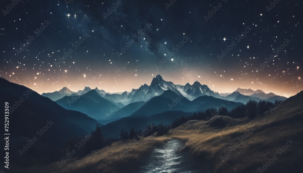 view of nature landscape with mountains and starry night sky image background