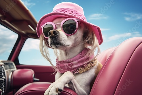 A chic pooch with a straw hat and red sunglasses is seated inside a vehicle, looking out the car window.