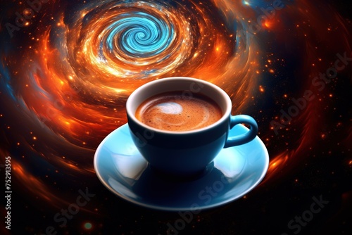A cup of coffee with intricate latte art resembling a spiral galaxy, resting on a saucer, all set against a swirling cosmic background.