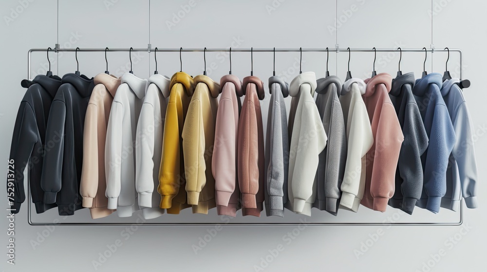 a variety of youth cashmere sweaters, hoodies, and sweatshirts arranged neatly on a clothes rack, suitable for mock-up advertising merch.