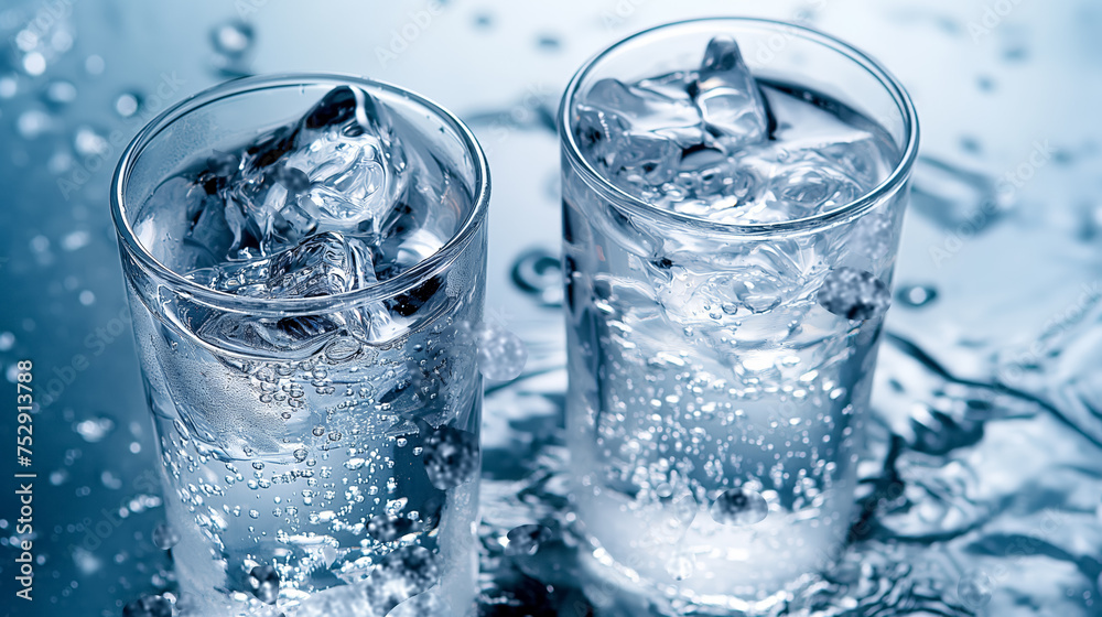 Glasses of sparkling water with ice. Glasses of sparkling water with ice.