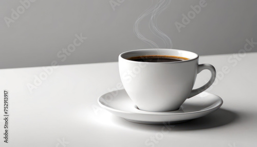 A hot cup of coffee on a saucer, set against a white background, casting a subtle shadow.