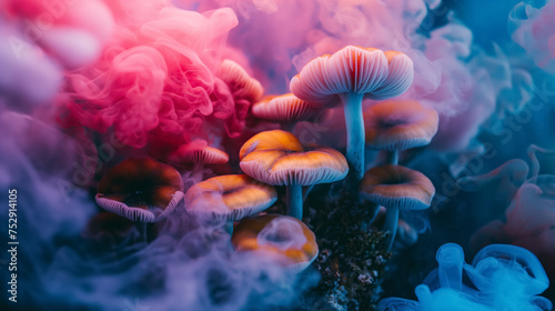 Mystical mushrooms amid neon smoke.