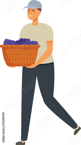 Man take full basket of grapes icon cartoon vector. Home wine production. Alcohol harvest