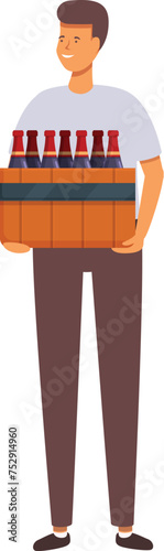 Man take box of wine bottles icon cartoon vector. Ready for holiday. Factory alcohol