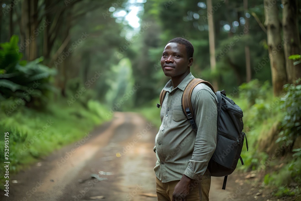 Fototapeta premium A man wearing backpack standing on forest trail stock photo