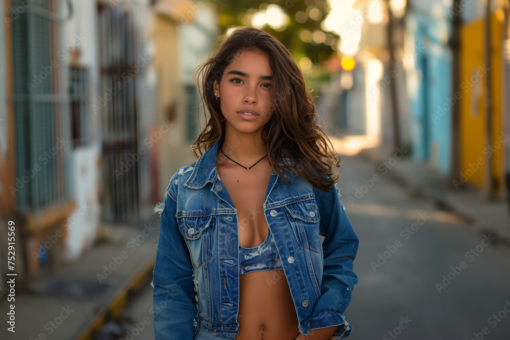 Young latina dressed in jacket and jeans on a neighborhood street in a Latin American country street