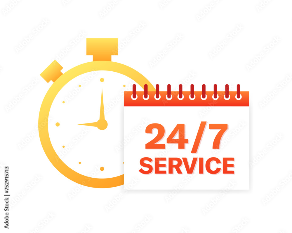 24/7 service icon. Stopwatch icon. Flat style. Vector icon