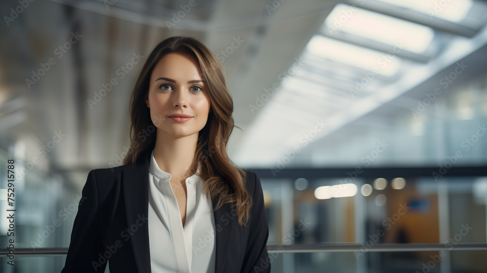 Successful young businesswoman standing in a modern business building - pretty smiling confident woman with long hair Successful young businesswoman standing in a modern business building - pretty smiling confident woman with long hair