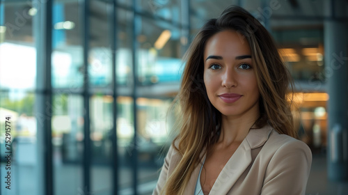 Successful young businesswoman standing in a modern business building - pretty smiling confident woman with long hair Free Download Successful young businesswoman standing in a modern business building - pretty smiling confident woman with long hair - GFXLoad