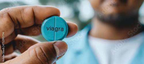 Man holding blue viagra pill with  viagra  text, on blurred background with copy space. photo