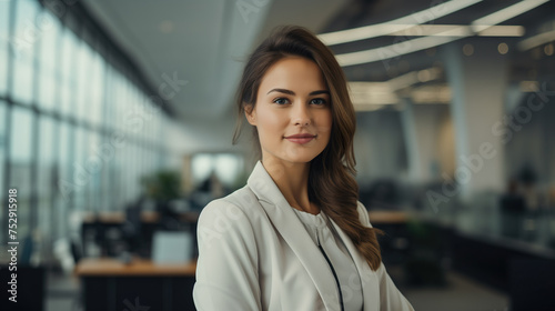 Successful young businesswoman standing in a modern business building - pretty smiling confident woman with long hair Free Download Successful young businesswoman standing in a modern business building - pretty smiling confident woman with long hair - GFXLoad