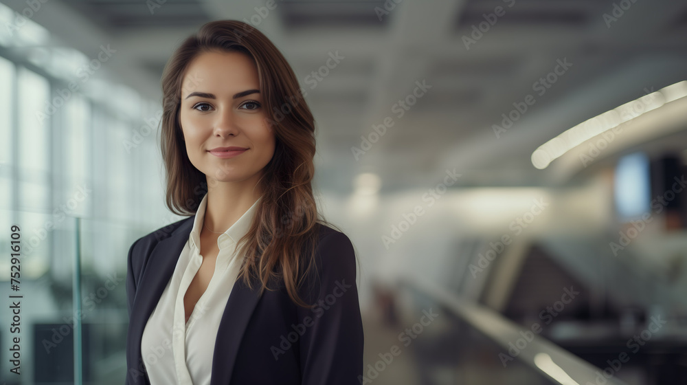 Successful young businesswoman standing in a modern business building - pretty smiling confident woman with long hair Successful young businesswoman standing in a modern business building - pretty smiling confident woman with long hair