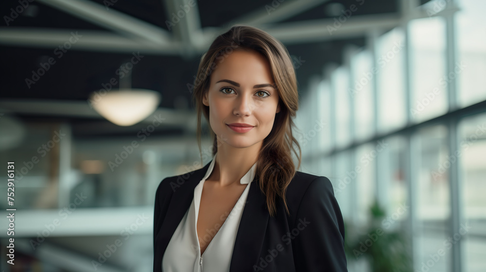 Successful young businesswoman standing in a modern business building - pretty smiling confident woman with long hair