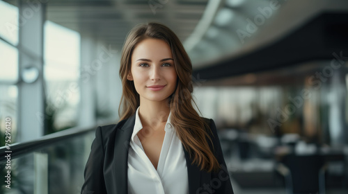 Free Download Successful young businesswoman standing in a modern business building - pretty smiling confident woman with long hair - GFXLoad