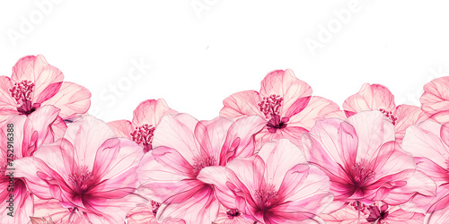 Border of pink flowers and leaves on a seamless background. Delicate  transparent petals.