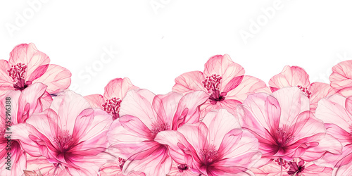 Border of pink flowers and leaves on a seamless background. Delicate, transparent petals.
