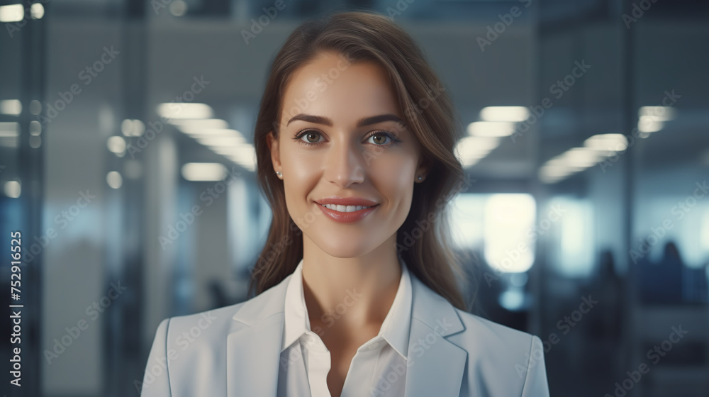 Successful young businesswoman standing in a modern business building - pretty smiling confident woman with long hair Successful young businesswoman standing in a modern business building - pretty smiling confident woman with long hair