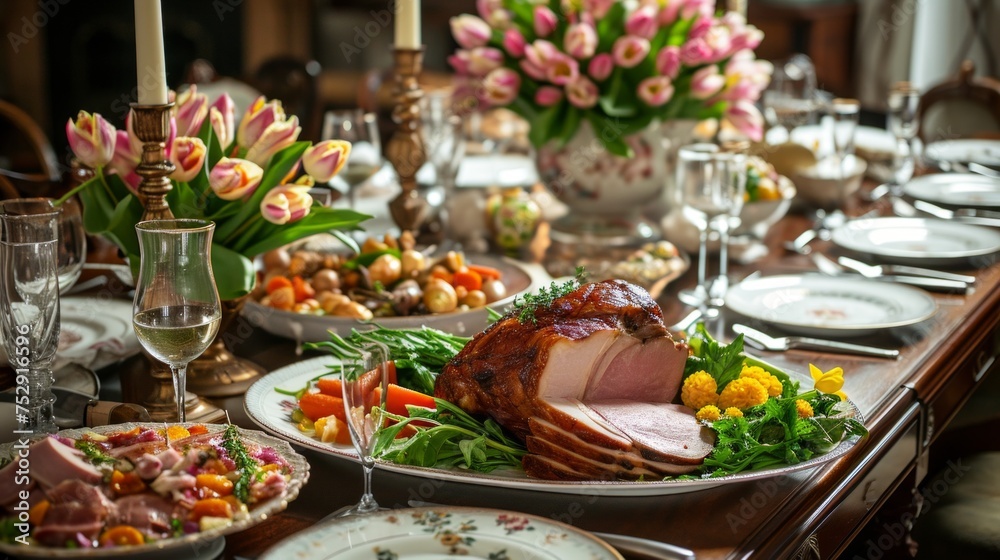 Traditional Easter Dinner Table with Roast and Ham