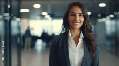 Free Download Successful young businesswoman standing in a modern business building - pretty smiling confident woman with long hair - GFXLoad