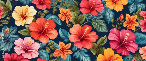 Capture the beauty of nature with a colorful hibiscus pattern in a whimsical and playful drawing style  featuring the exotic flowers in bold and striking designs that will add a pop of color