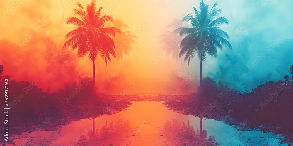 Tropical sunset setting with vibrant retro vibes and palm tree silhouettes. Concept Tropical Sunset, Vibrant Retro Vibes, Palm Tree Silhouettes, Outdoor Photoshoot