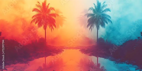 Tropical sunset setting with vibrant retro vibes and palm tree silhouettes. Concept Tropical Sunset, Vibrant Retro Vibes, Palm Tree Silhouettes, Outdoor Photoshoot © Ян Заболотний