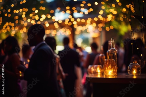 Guests mingling with bokeh lights in the background. © OhmArt