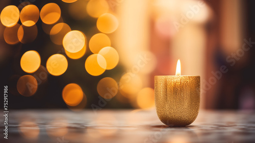 Golden Candle on Glittering Background