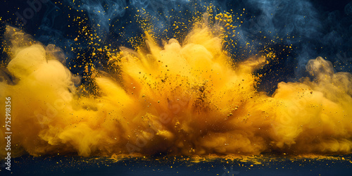 Yellow color paint powder explosion flying in the air background