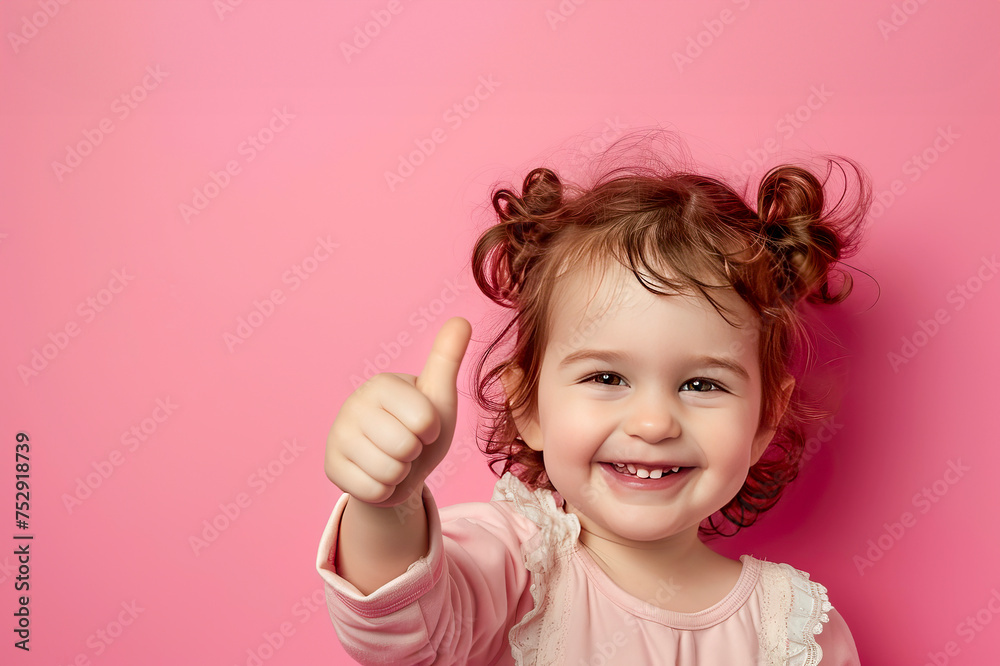 Photo of young little girl happy positive smile show thumb-up like ad isolated over pink color background. Photo of young little girl happy positive smile show thumb-up like ad isolated over pink color background.