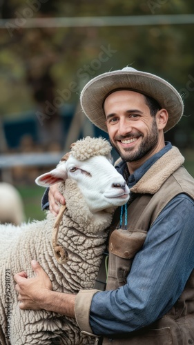 Country man in a hat is holding a sheep on the farm