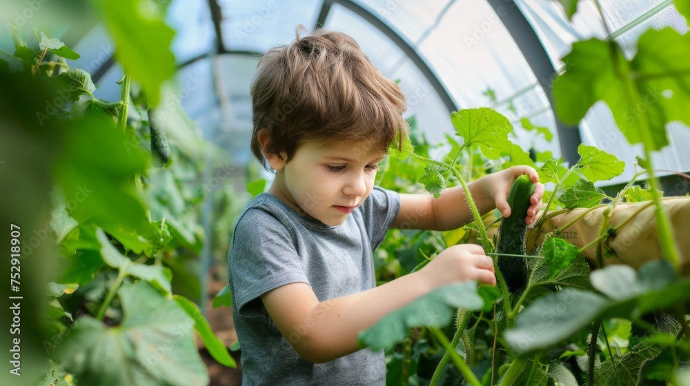 Portrait of a little boy harvesting cucumbers in a greenhouse Portrait of a little boy harvesting cucumbers in a greenhouse