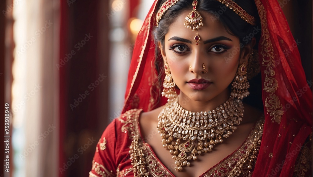 Fototapeta premium An exquisite Indian bride, resplendent in red attire and adorned with intricate golden jewelry, exudes timeless elegance and cultural opulence, a vision of grace and beauty. Oriental beauty