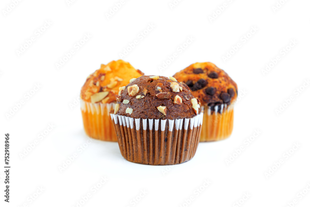 Mixed Muffin, Almond and Chocolate chip isolated on white background, Homemade cupcake Mixed Muffin, Almond and Chocolate chip isolated on white background, Homemade cupcake