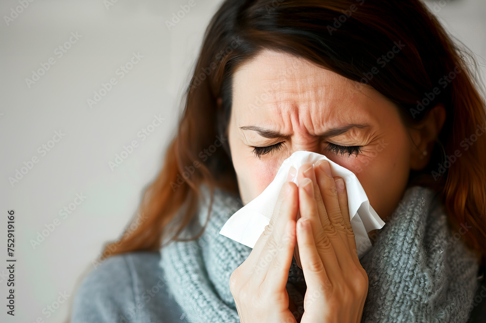 Unhappy sad young female suffering from fever and flu , blowing nose in napkin . Flu epidemic treatment of illness, cold and runny, copy space. Unhappy sad young female suffering from fever and flu , blowing nose in napkin . Flu epidemic treatment of illness, cold and runny, copy space.