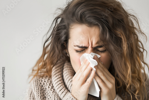 Close up Picture showing sick woman sneezing at home photo