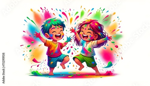 Illustration with two children joyously playing during the holi.