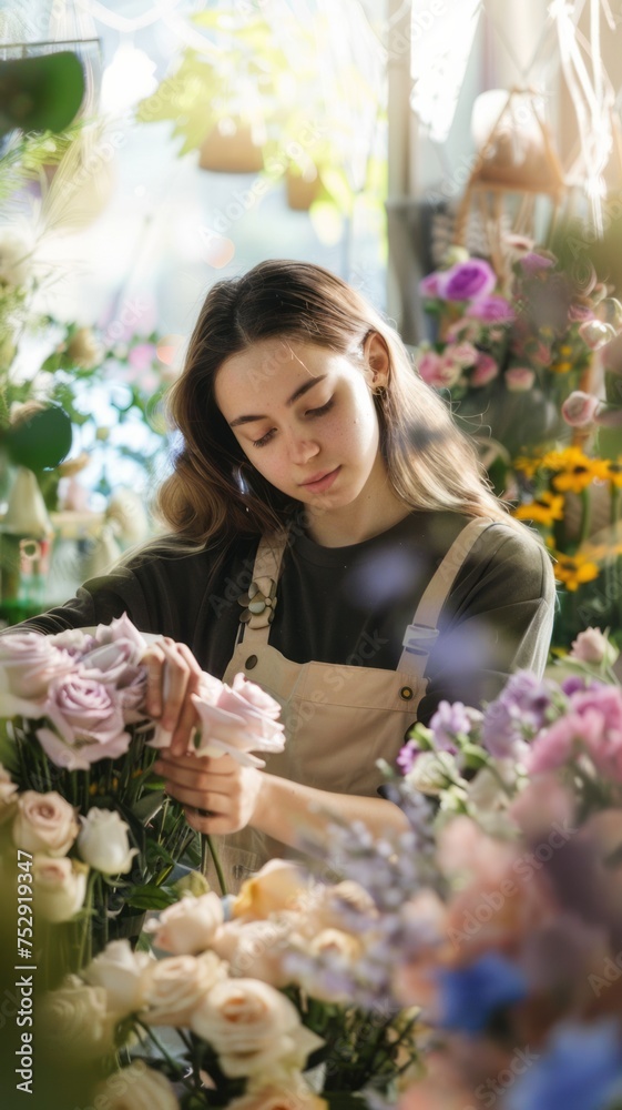 Portrait of a beauty young woman florist making a bouquet in a flower shop