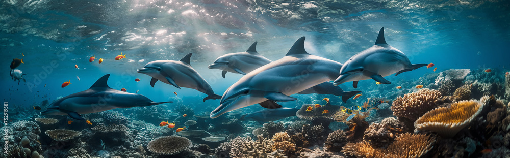 Fototapeta premium Herd of dolphins in the ocean with coral. Generative AI